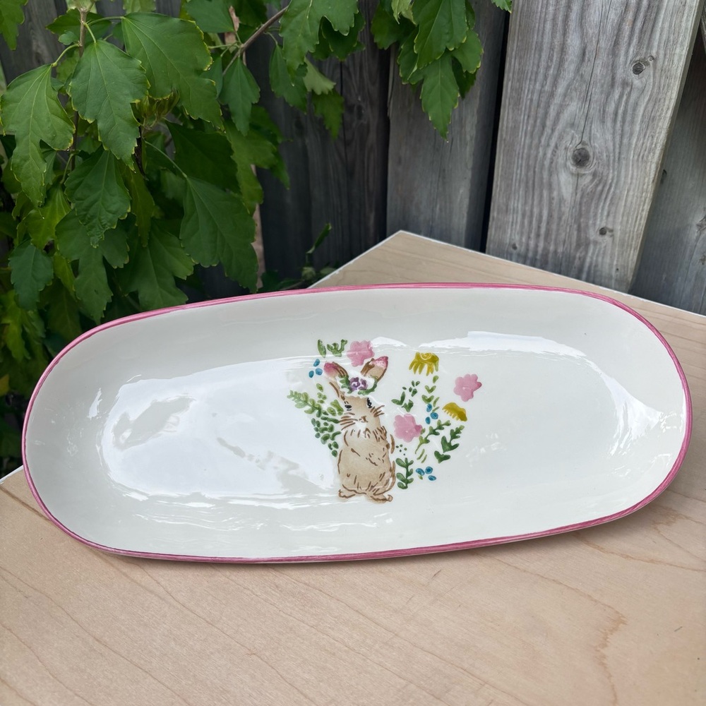 Papart Seramik Spring Bunny 14” Pink Trim Serving Platter Handpainted In Turkey